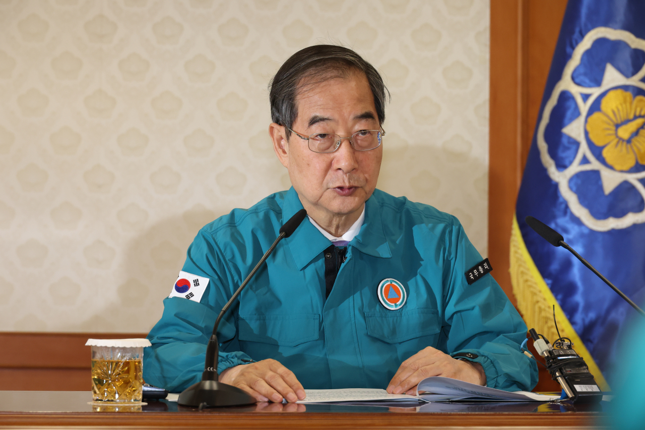 Prime Minister Han Duck-soo speaks during a government meeting at the government complex building in Seoul on May 10, 2024. (Yonhap)