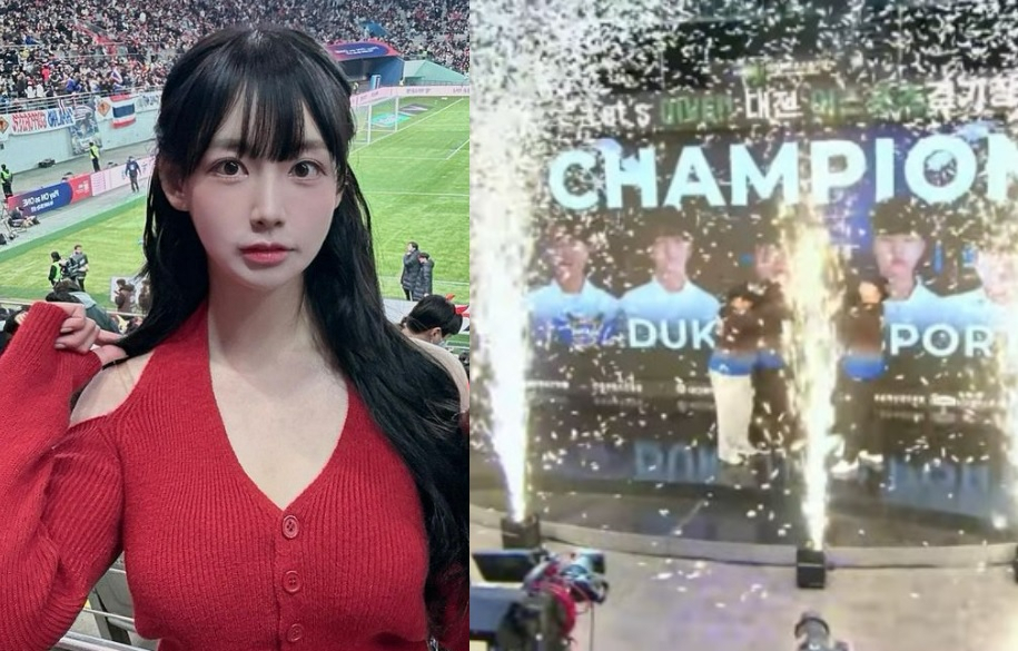 곽민선 아나운서(좌, 인스타그램 캡처)가 12일 PMPS 행사(우, 유튜브 캡처) 도중 무대 에어샷 축포를 얼굴에 맞는 사고를 당했다.