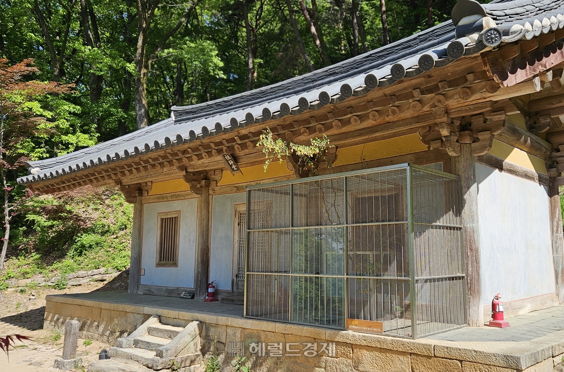 의상대사를 기리는 건물인 조사당. 의상의 지팡이가 자랐다는 '선비화'가 보호 철망 안에 보존돼 있다.