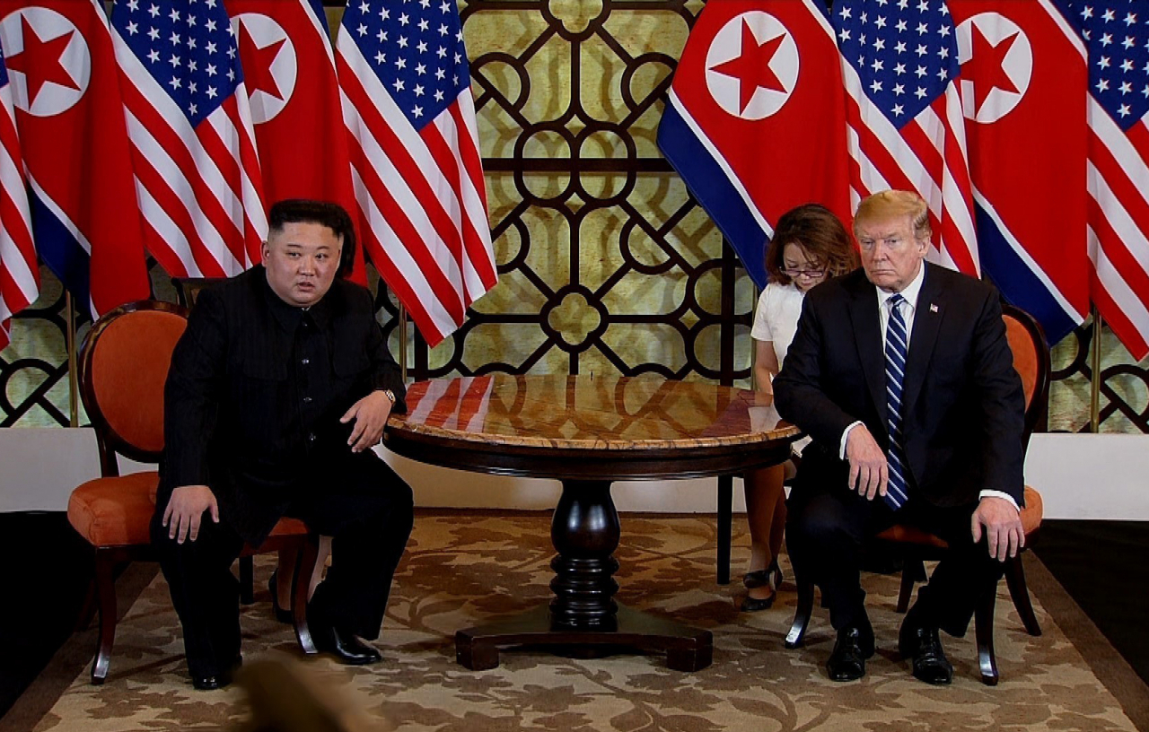 This file image shows former US President Donald Trump (right) and North Korean leader Kim Jong-un during their second summit meeting at the Sofitel Legend Metropole hotel on Feb. 28, 2019 in Hanoi, Vietnam. (Getty Images)