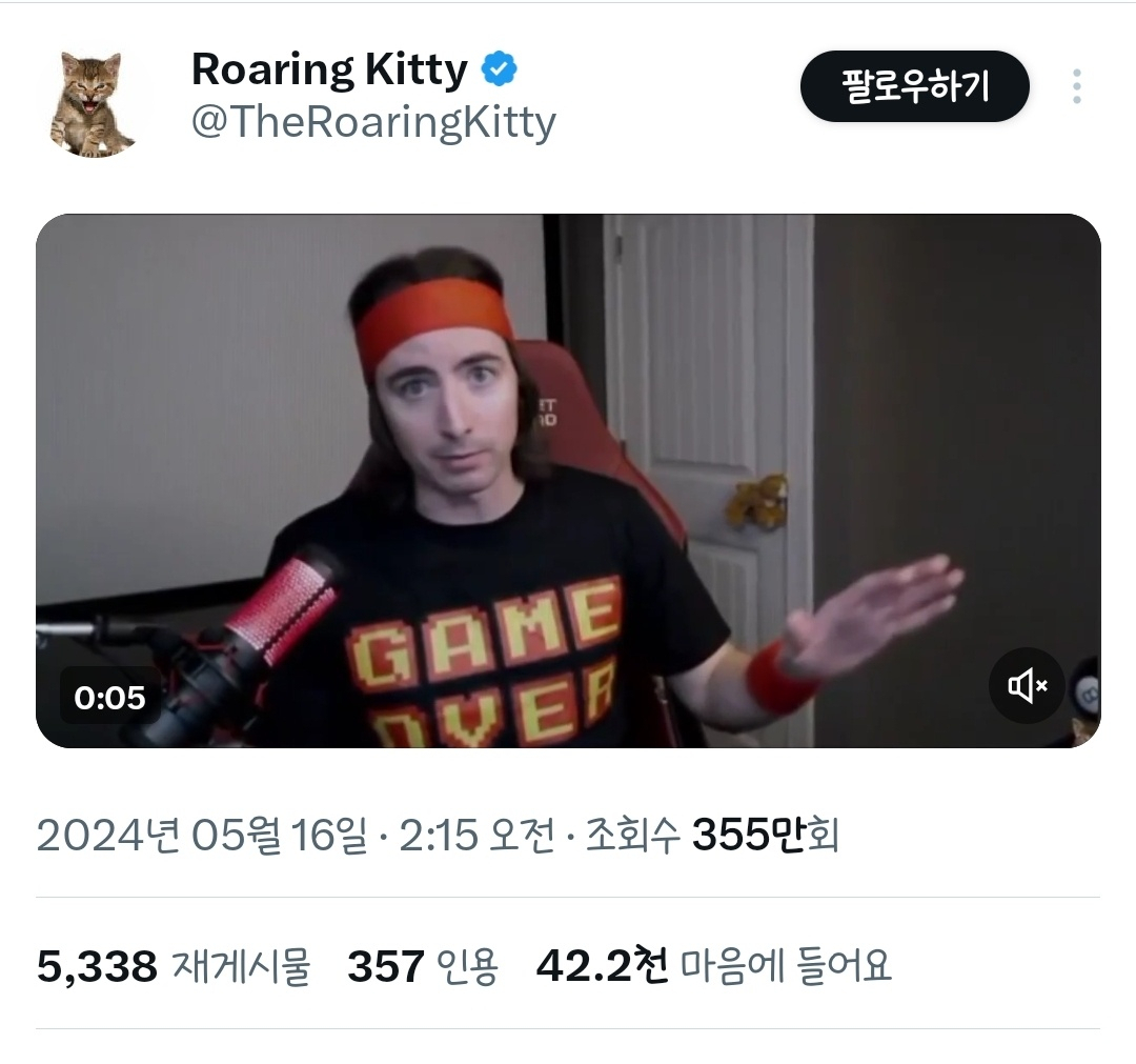 밈 주식 열풍을 일으켰던 인물인 로어링 키티(Roaring Kitty)의 엑스(X,옛 트위터). [X]