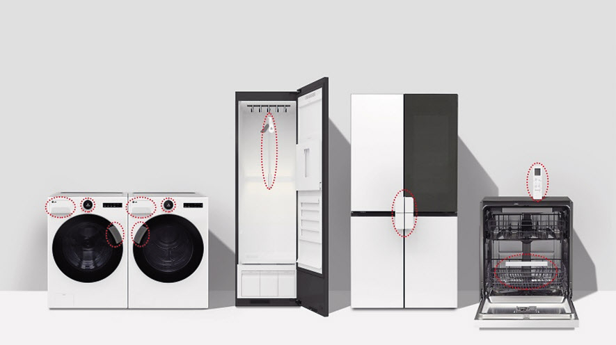 LG 컴포트 키트가 적용된 세탁기(왼쪽부터)와 건조기, 스타일러, 냉장고, 식기세척기, 에어컨 리모컨(오른쪽 위) [LG전자 제공]