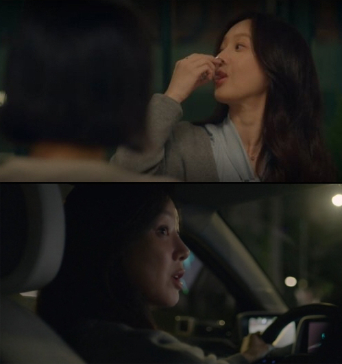지난 19일 방영된 tvN 드라마 '졸업'에는 주연 배우 정려원이 술을 마시는 장면(위)에 이어 운전하는 장면(오른쪽)이 담겼다. [방송화면 캡처]