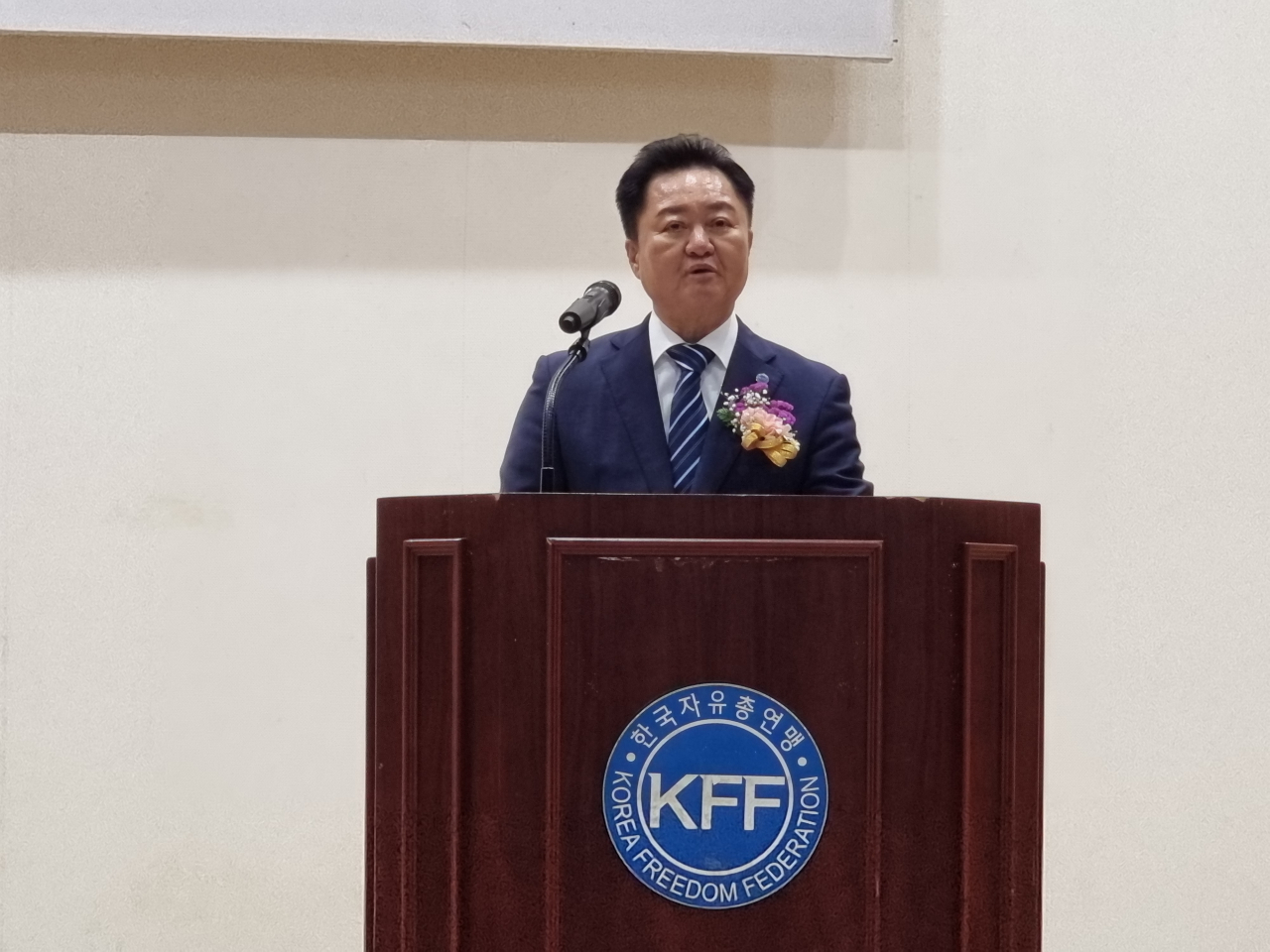 23일 부산진구 부산자유회관 대강당에서 한국자유총연맹 부산진구지회 노학양 신임회장이 취임사를 하고 있다. [사진=임순택 기자]