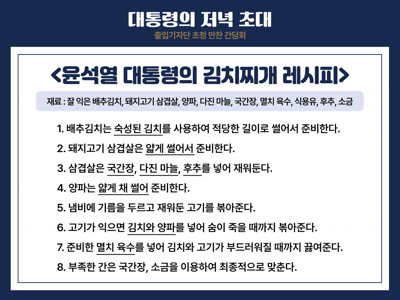윤석열 대통령이 24일 서울 용산 대통령실 청사 잔디마당에서 열린 '대통령의 저녁 초대' 출입기자단 초청 만찬 간담회에서 공개한 김치찌개 레시피. [연합]