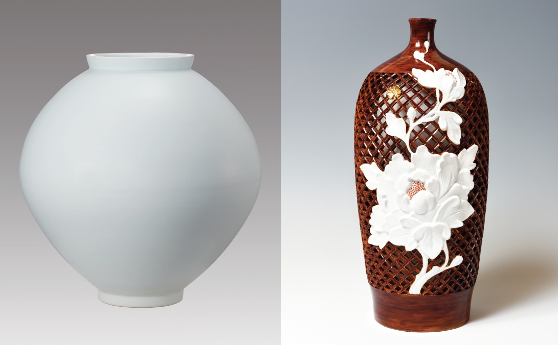 (왼쪽부터) 조병호 ‘설(雪) 백자 달항아리’ (백토, 무광유/48&times;48&times;48cm/2020), 조용준 ‘백자 격자문 옻칠 이중투각 목단문 병’ (백토, 백유, 옻, 금박/26&times;26&times;50cm/2022) [세종대 제공]