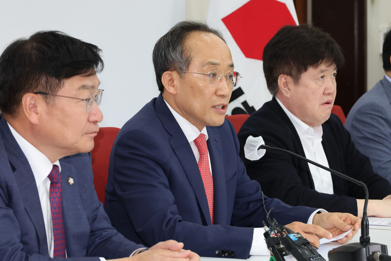 국민의힘 추경호 원내대표가 26일 오후 서울 여의도 국회에서 열린 연금 개혁안 등 현안 관련 기자간담회에서 발언하고 있다. [연합]