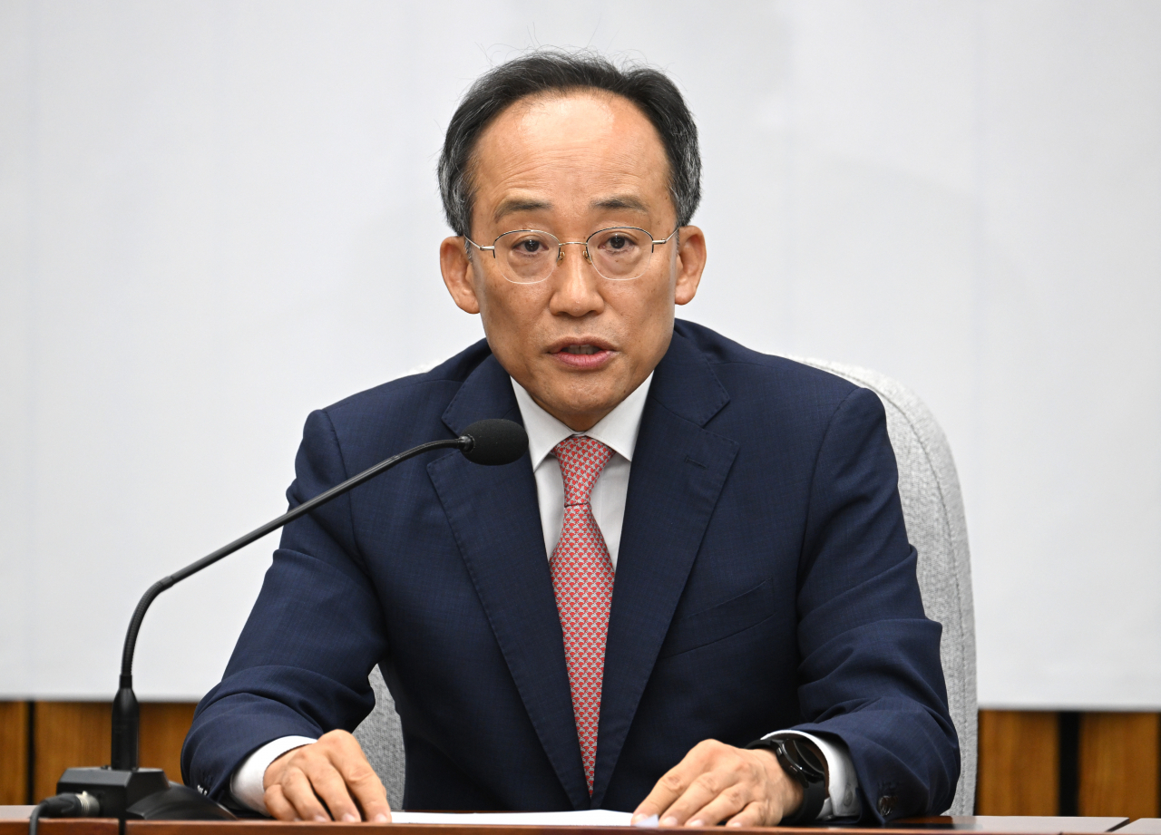 추경호 국민의힘 원내대표가 21일 오전 서울 여의도 국회에서 열린 원내대책회의에 참석해 모두발언을 하고 있다. 임세준 기자