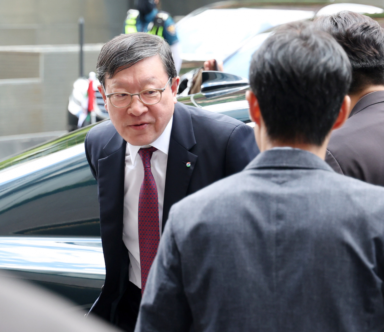 허태수 GS 회장이 28일 서울 중구 한 호텔에서 열린 모하메드 빈 자예드 알 나흐얀 아랍에미리트(UAE) 대통령과의 간담회에 참석하고 있다. [연합]