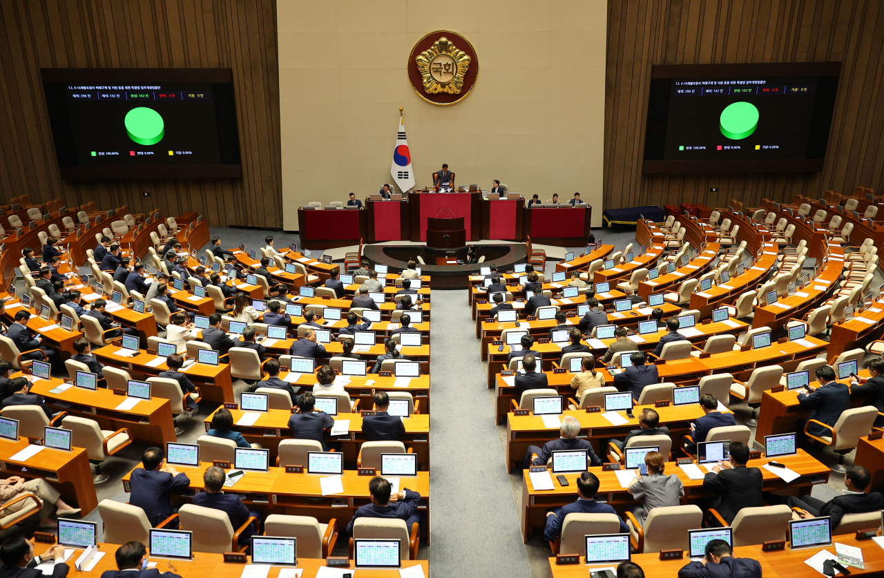 지난 28일 오후 국회 본회의에서 4·16 세월호 참사 피해구제 및 지원 등을 위한 특별법 일부개정법률안이 통과되고 있다. [연합]