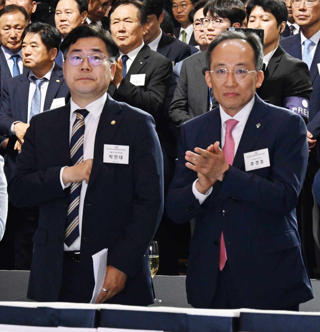 박찬대 민주당 원내대표와 추경호 국민의힘 원내대표가 3일 여의도 콘래드 서울 그랜드볼룸(3층)에서 ‘제22대국회의원 환영 리셉션’에 참석해 있다 .2024.6.3