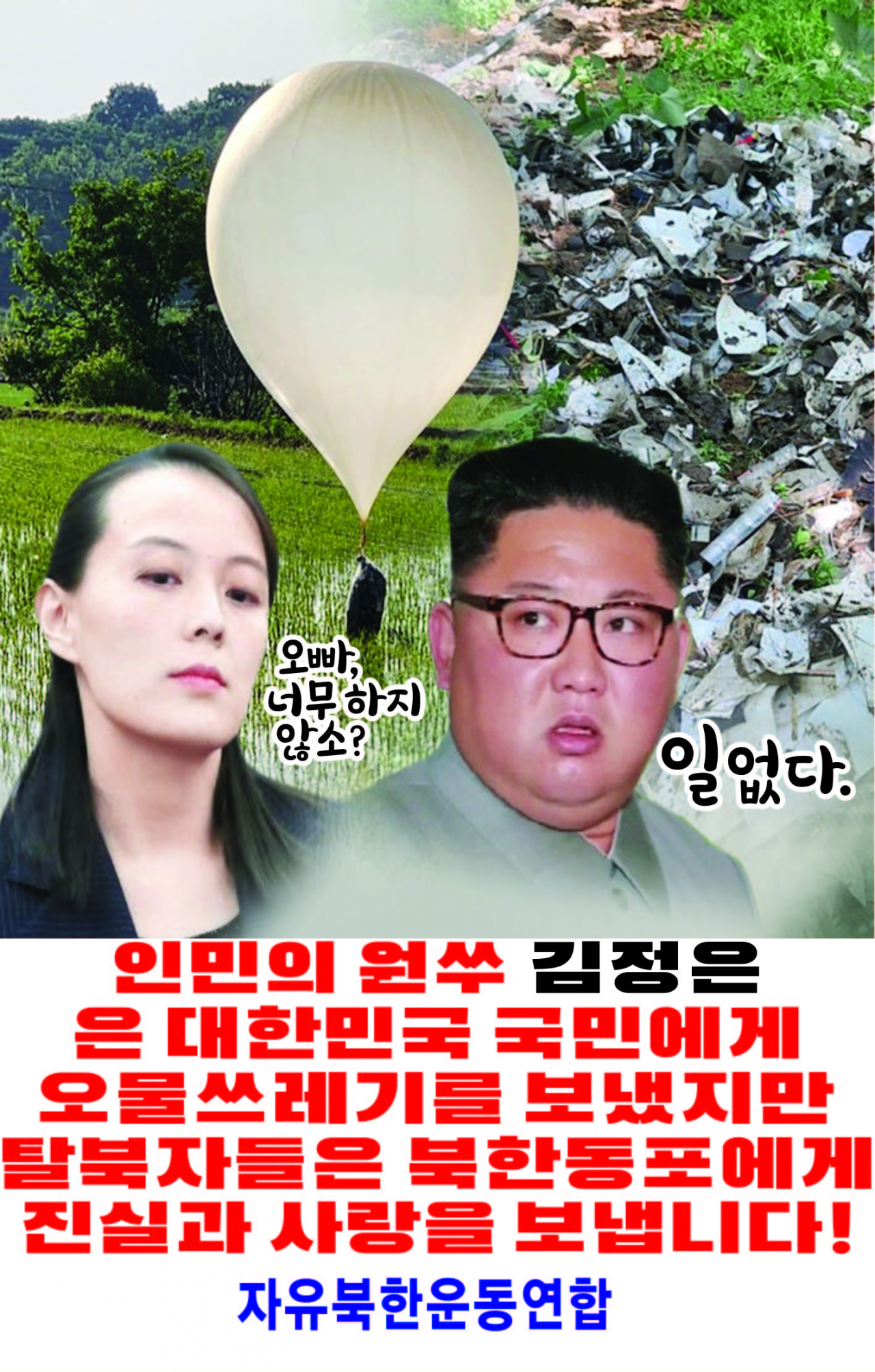 자유북한운동연합은 6일 “오늘 새벽 0시부터 1시 사이 경기도 포천에서 ‘8000만 민족도 삼천리금수강산도 아니다, 대한민국은 불변의 주적일 뿐’이라는 김정은의 망언을 규탄하는 대북전단을 북한에 보냈다”고 밝혔다. [자유북한운동연합 제공]