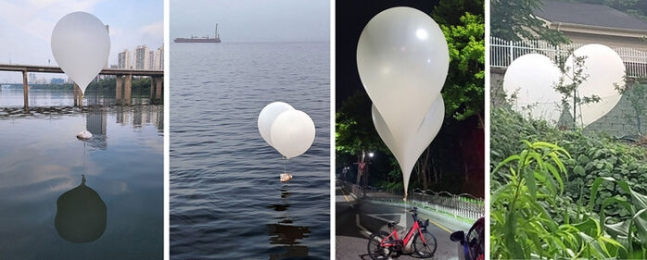 수도권 곳곳서 발견된 북한 오물 풍선. 왼쪽부터 서울 잠실대교 인근, 인천 앞바다, 파주 금촌동, 이천 인후리 밭에서 발견된 대남 풍선. [합참·세븐스타호·독자 제공]