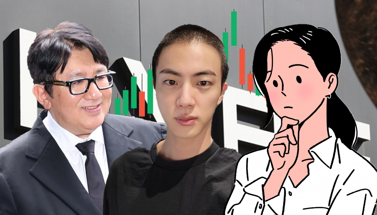 방시혁(왼쪽) 하이브 의장과 12일 군 전역하는 BTS 진 [연합·게티이미지]