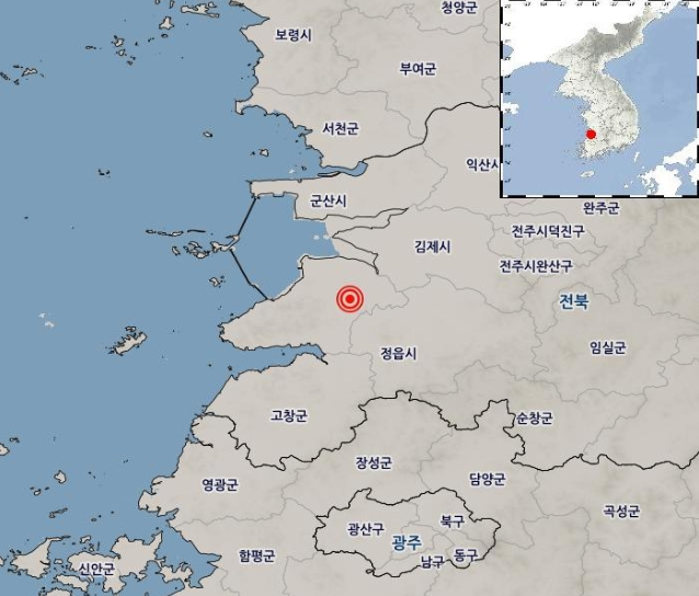 12일 오전 8시 26분 49초 전북 부안군 남남서쪽 4㎞ 지점에서 규모 4.8 지진이 발생했다고 기상청이 밝혔다.[연합]
