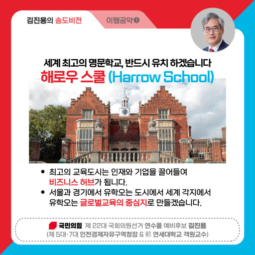 김진용 전임 인천경제청장이 제22대 국회의원 선거 출마 예비후보 때 청장 시절 자신이 협약한 송도 해로우스쿨 국제학교 유치를 이행공약 1호로 내세운 홍보물.