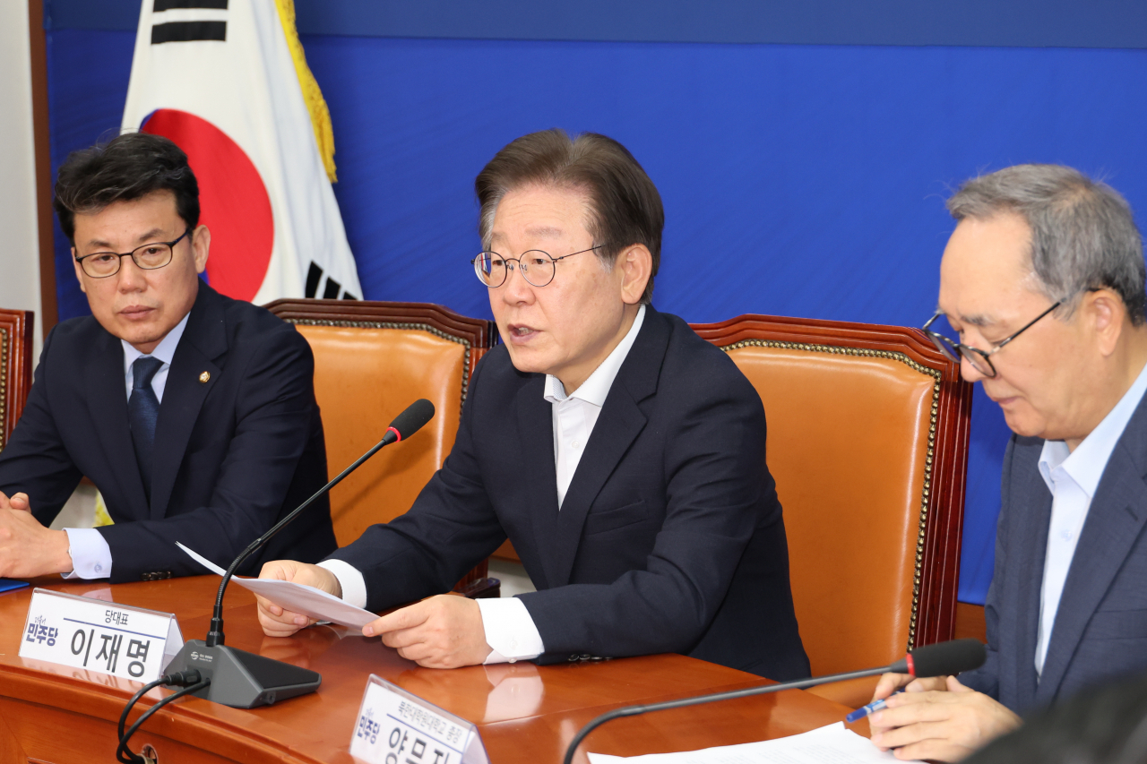 Democratic Party of Korea chair Rep. Lee Jae-myung speaks at a party task force meeting on Tuesday. (Yonhap)