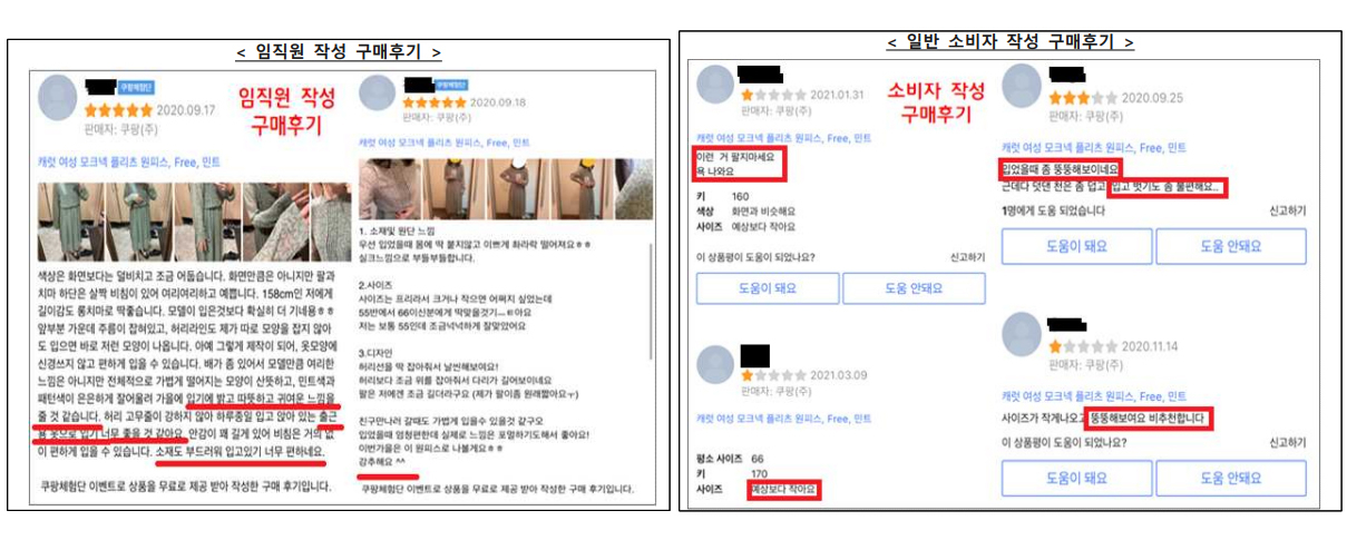 쿠팡 PB상품 내 임직원 작성 후기 예시 [공정거래위원회 제공]