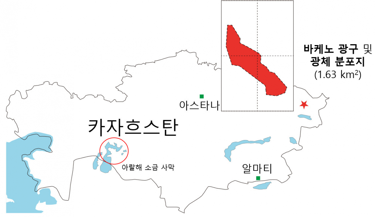 별표가 KIGAM이 탐사하고 있는 바케노 리튬 광구.[KIGAM 제공]