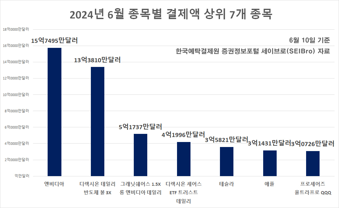 美 AI 랠리 올라탄 개미…‘엔비디아·반도체 3배 ETF’ 단 두 종목이 6월 해외 증시 결제액 ‘4분의 1’ [투자360]