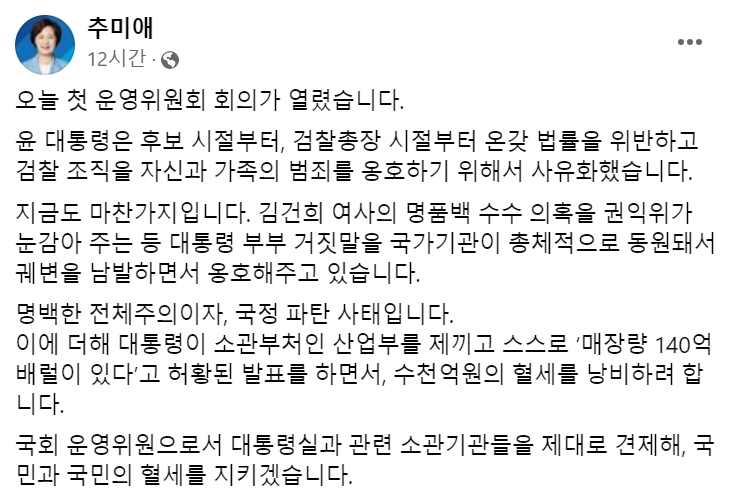 [추미애 더불어민주당 의원 18일자 페이스북 게시글 캡처]