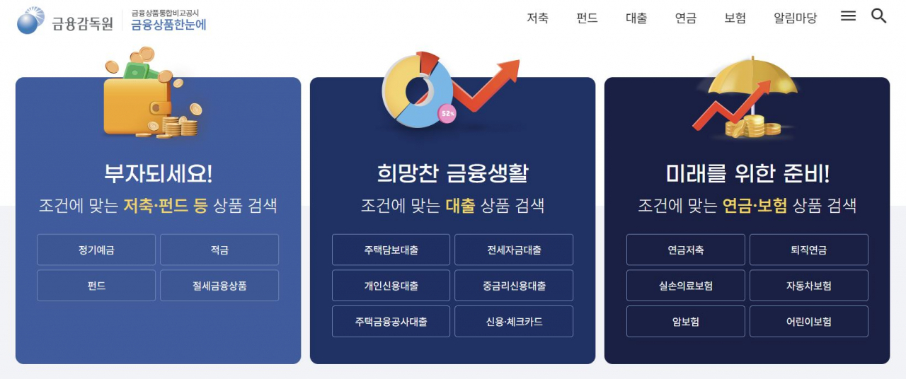 금융감독원 금융상품통합 비교공시 ‘금융상품한눈에’ 화면 갈무리. [금융감독원 제공]