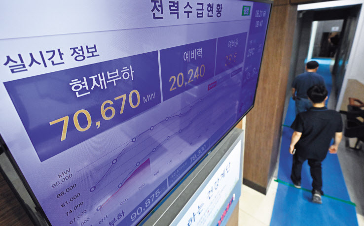 연일 폭염이 이어지며 전력 수요가 증가하고 있다. 21일 오전 서울 중구 한국전력 서울본부 전력수급현황판에 수급 현황이 표시되어 있다.  임세준 기자