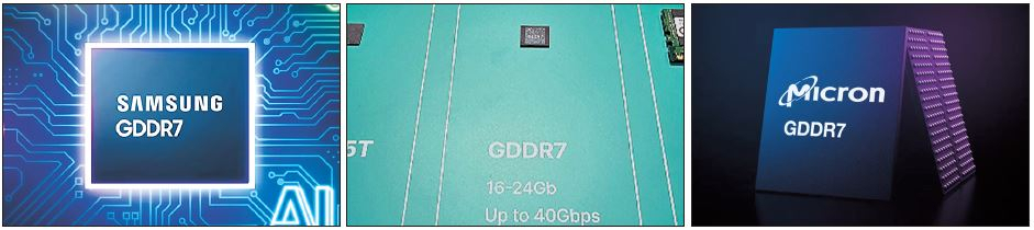 왼쪽부터 삼성전자 그래픽용 D램 ‘GDDR7’, SK하이닉스가 엔비디아 GTC에서 처음으로 공개한 GDDR7, 마이크론이 ‘컴퓨텍스 2024’에서 소개한 차세대 GDDR7