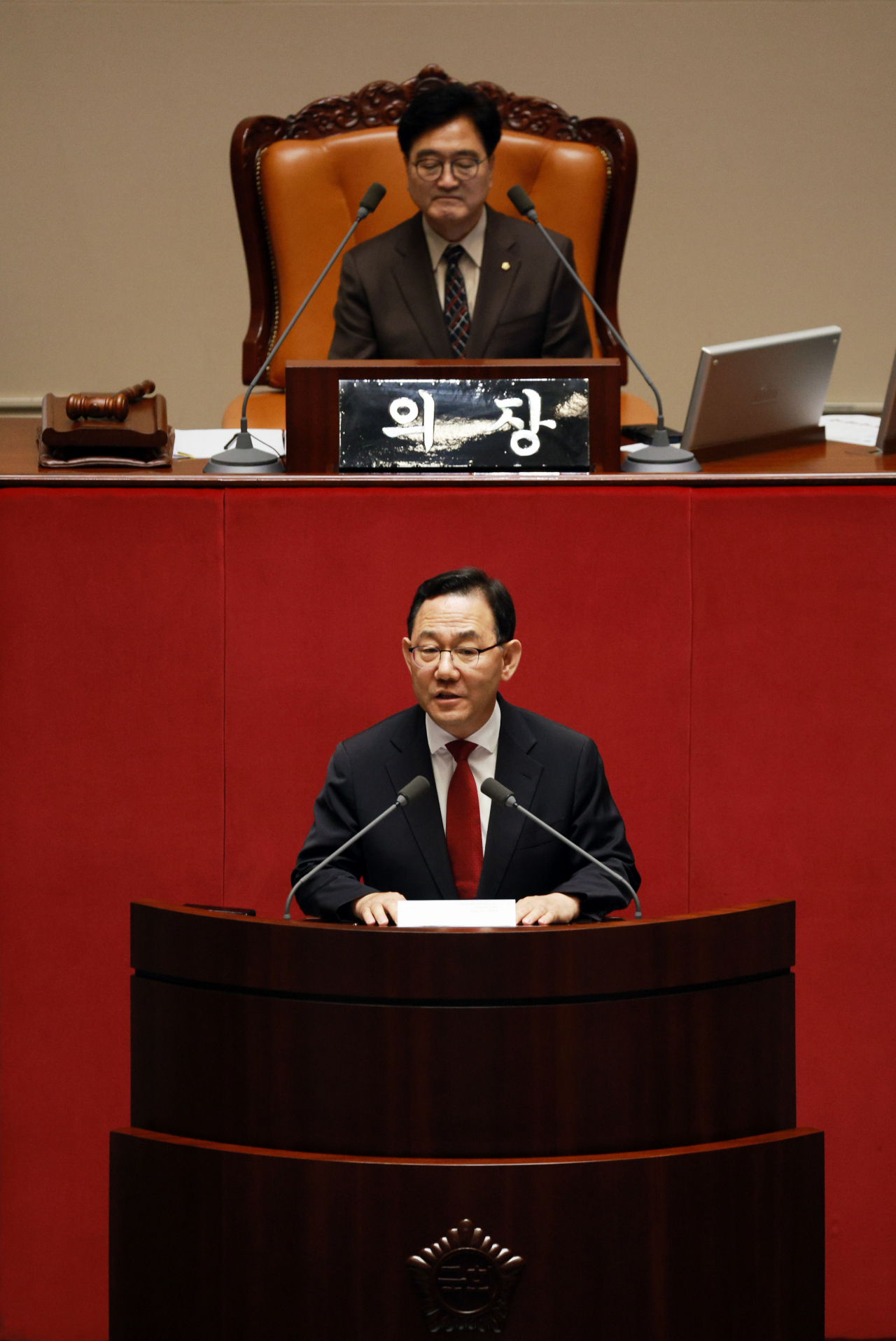 27일 국회 본회의에서 국회부의장으로 선출된 주호영 국민의힘 의원이 당선인사를 하고 있다. [연합]