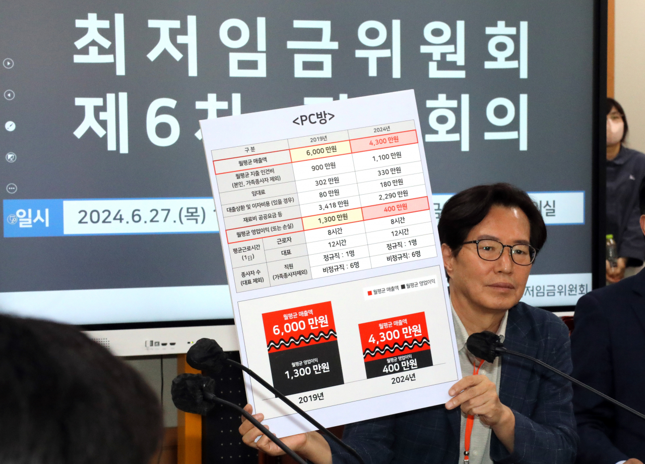 최저임금 법정 심의 기한인 27일 오후 정부세종청사 최저임금위원회 회의실에서 열린 제6차 전원회의에서 사용자위원인 이기재 소상공인연합회 부회장이 PC방의 2019년과 2024년 월평균 매출액 등이 담긴 표를 보여주고 있다. [연합]
