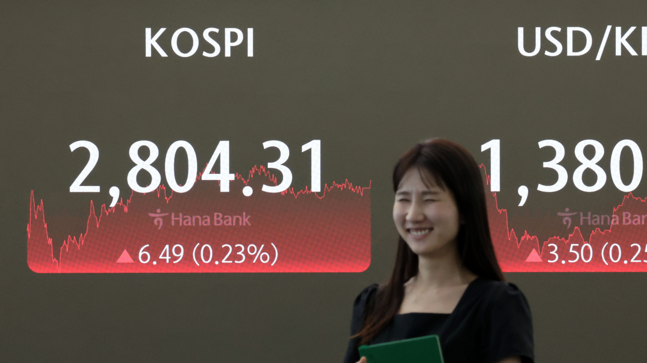 1일 오후 서울 중구 하나은행 본점 딜링룸 전광판에 코스피 지수 등이 표시되고 있다. 이날 코스피 지수는 전 거래일 대비 6.49포인트 오른 2,804.31에, 코스닥은 6.71포인트(0.80%) 오른 847.15에 장을 마감했다. [연합]
