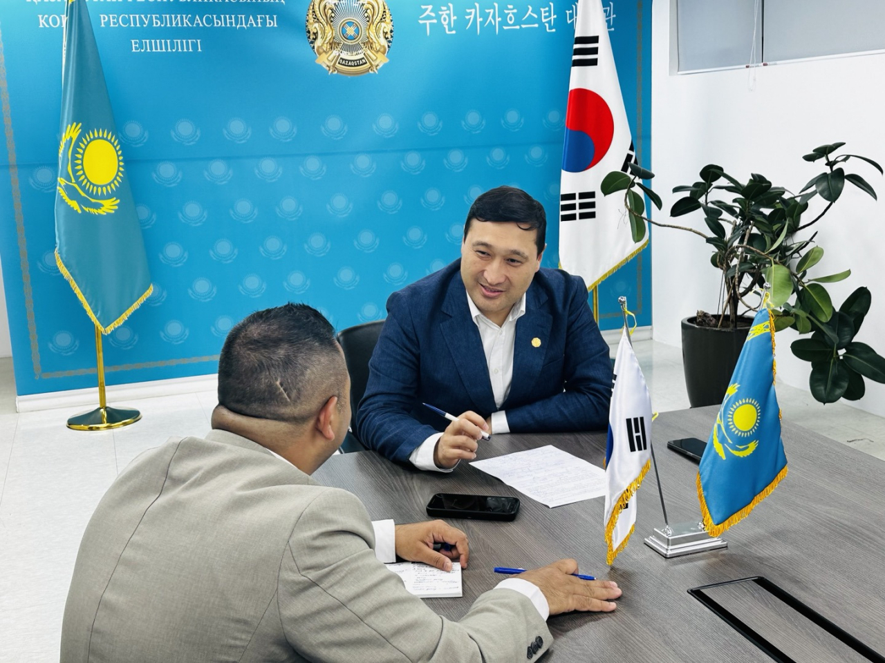 Kazakhstan‘s Deputy Minister of Internal Affairs Saitbekov Aidar speaks in an interview with The Korea Herald at Kazakh Embassy in Yongan-gu, Seoul on Thursday.(Sanjay Kumar/ The Korea Herald)