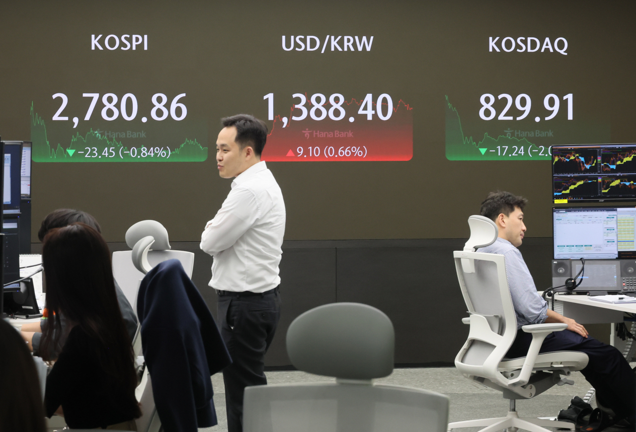 2일 코스피는 전거래일보다 23.45포인트(0.84%) 내린 2780.86에 장을 마쳤다. 코스닥은 17.24포인트(2.04%) 내린 829.91에 마감했다. 사진은 이날 서울 중구 하나은행 본점 딜링룸. [연합]
