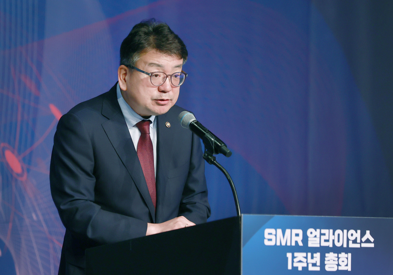 최남호 산업통상자원부 제2차관이 3일 서울 중구 플라자호텔에서 열린 ‘소형모듈원전(SMR) 얼라이언스 1주년 총회’에서 축사를 하고 있다. [산업통상자원부 제공]