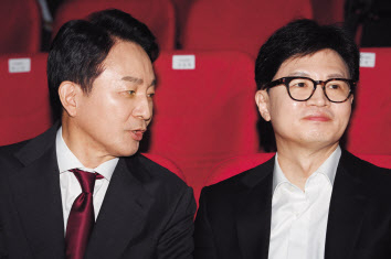 국민의힘 당대표 선거에 출마한 원희룡(왼쪽)·한동훈 후보가 2일 서울 강서구 ASSA아트홀에서 열린 ‘체인지 5분 비전발표회’에서 대화하고 있다. [연합]