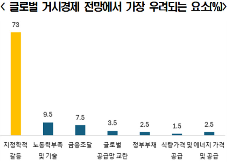 OECD 기업산업자문위원회(BIAC)가 회원국 경제단체를 대상으로 실시한 ‘2024 경제정책 조사’에서 하반기 가장 우려되는 요소로 ‘지정학적 갈등(73%)’이 꼽혔다. [BIAC 자료]