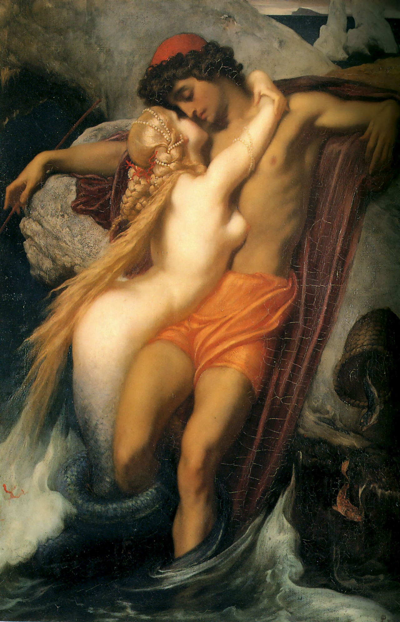 프레더릭 레이턴, 어부와 세이렌, 1856~1858, 캔버스에 유채, 66.3x48.7cm [브리스톨 시립 미술관]