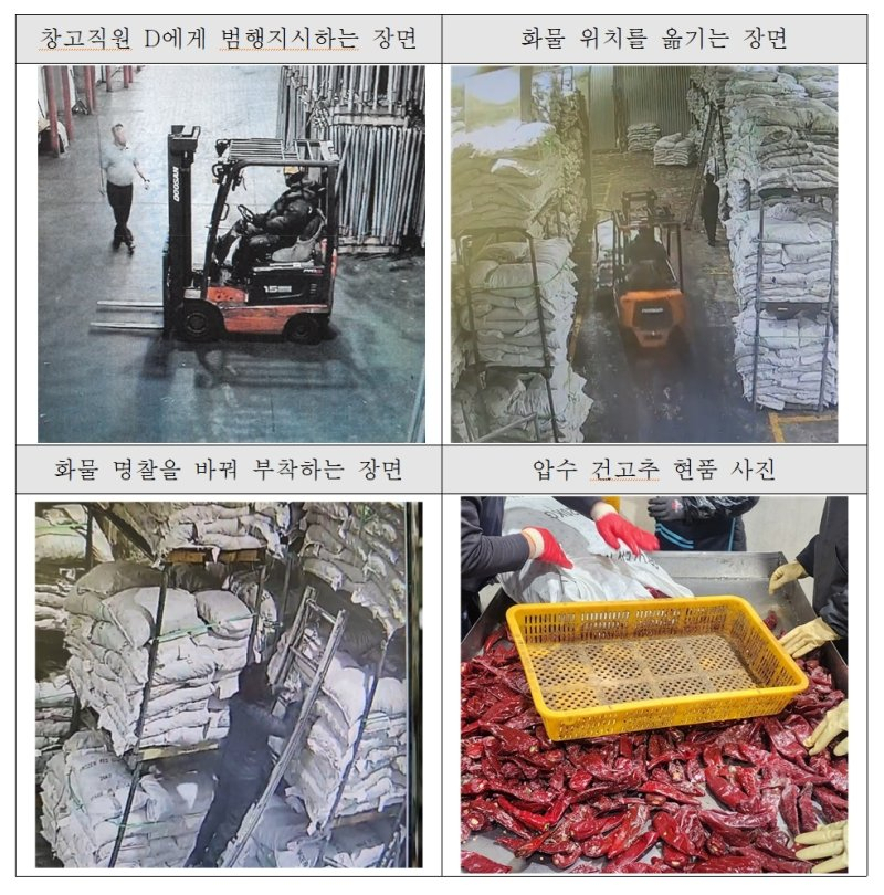cctv에 찍힌 중국산 고추 밀수입 일당의 범죄 현장과 밀수입한 고추(우측 하단). [사진=부산본부세관]