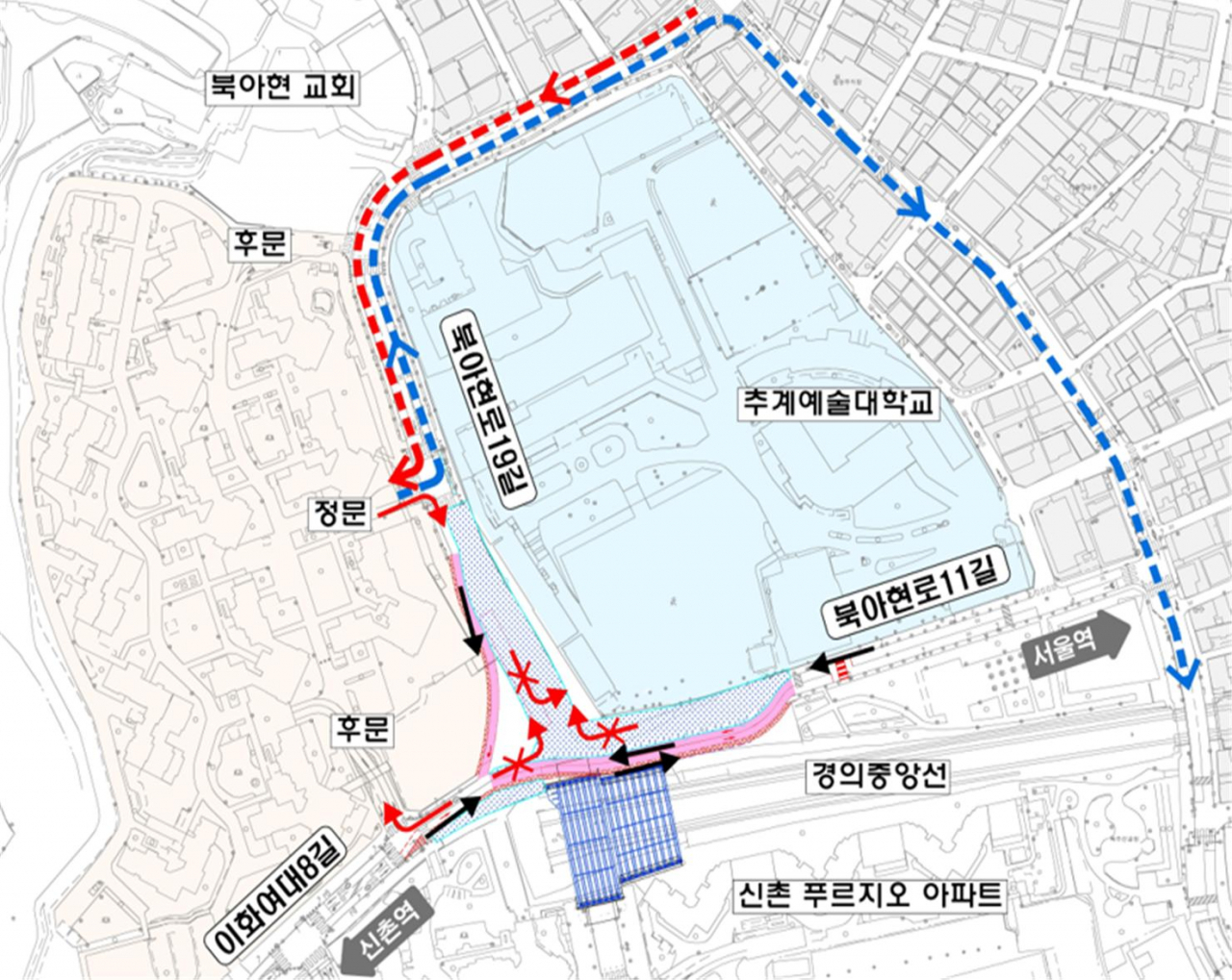 서울 서대문구는 북아현 과선교를 설치하고자 이화여대8길과 북아현로19길이 만나는 중앙여중 앞 삼거리의 기존 도로를 폐쇄하고 연말까지 임시 도로를 운영한다.[서대문구 제공]