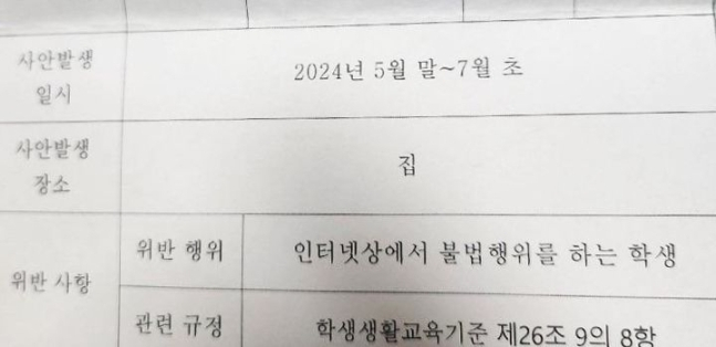 집에서 야동을 봤다는 이유로 징계 위기에 처한 학생이 받은 통지서. [온라인카페]