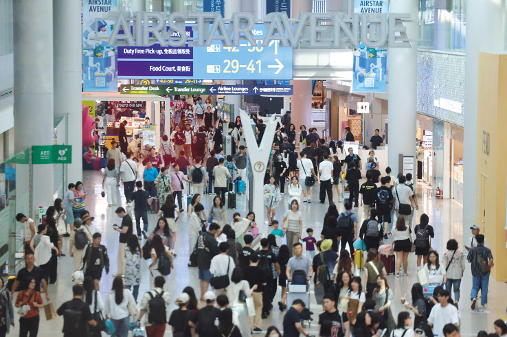 15일 오전 인천국제공항 1터미널 면세구역에서 여행객들이 이동하고 있다. [연합]
