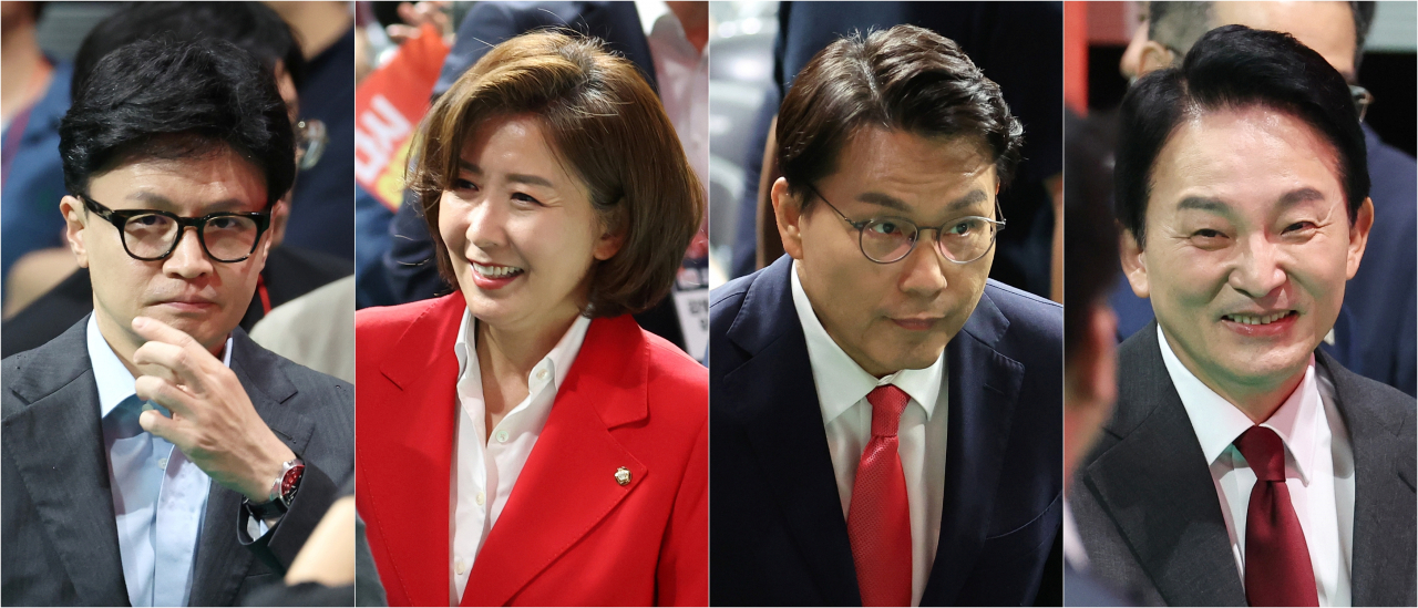 한동훈(왼쪽부터), 나경원, 윤상현, 원희룡 국민의힘 당 대표 후보가 17일 오후 경기 고양시 고양 소노 아레나에서 열린 제4차 전당대회, 서울 인천 경기 강원 합동연설회에 각각 입장하고 있다. [연합]