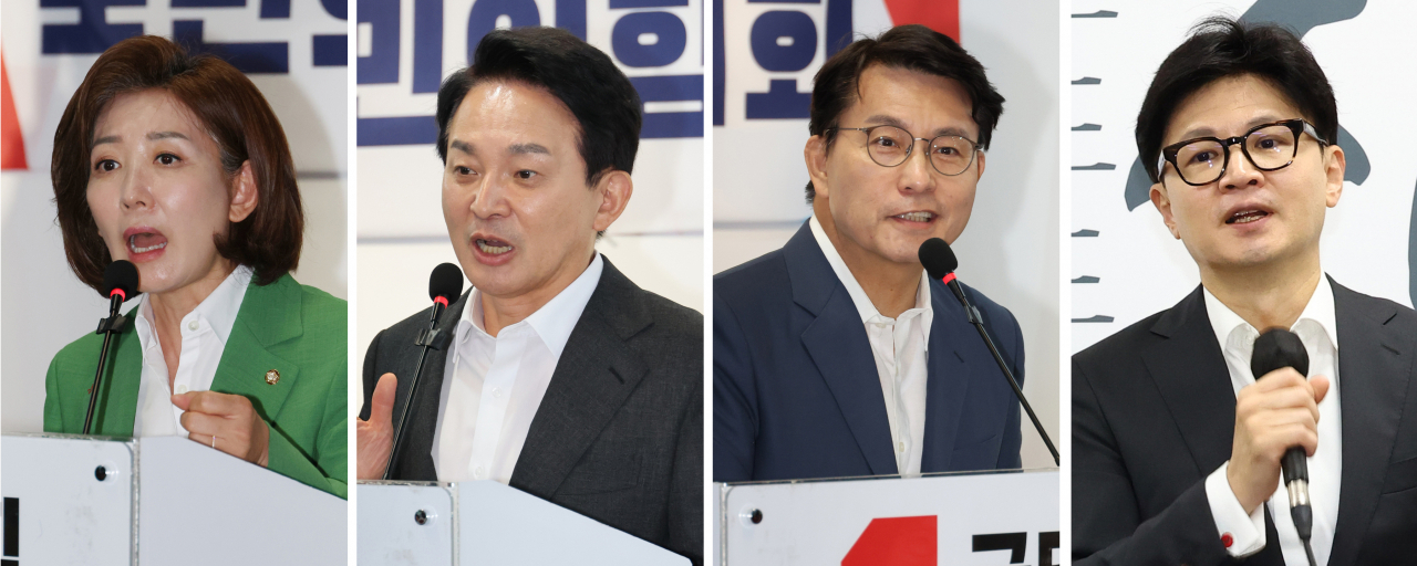 국민의힘 전당대회 당원투표를 하루 앞둔 18일 당대표 후보들의 모습. 왼쪽부터 여의도 당사에서 열린 국민의힘 서울시당 여성위원회 대회에서 지지를 호소하는 나경원·원희룡·윤상현 후보. 서울시의회 간담회에 참석한 한동훈 후보. [ㅔ연합]