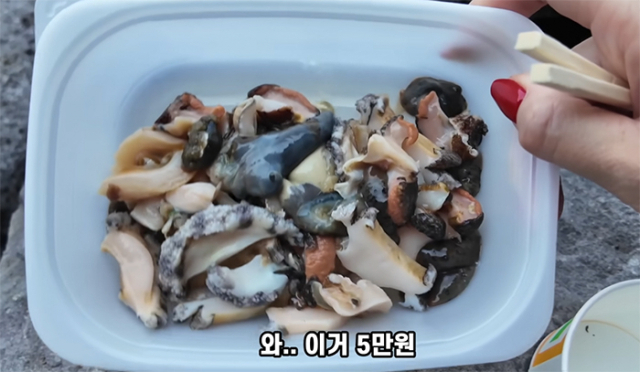 제주에 거주 중인 한 유튜버가 유명 관광지인 용두암 노점에서 5만원을 주고 구입했다는 해산물. [유튜브 채널 '부산여자하쿠짱TV' 영상 캡처]