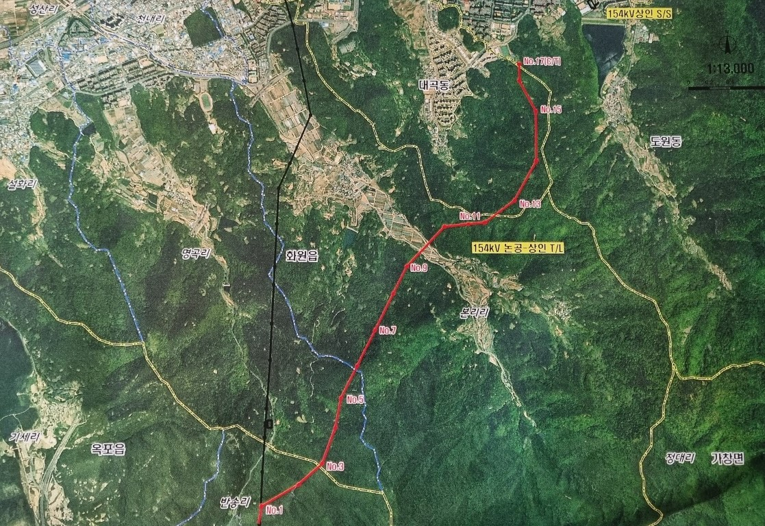 154kV 초고압 상인-논공 간 송전(탑)선로 건설 계획도.[한전 제공]