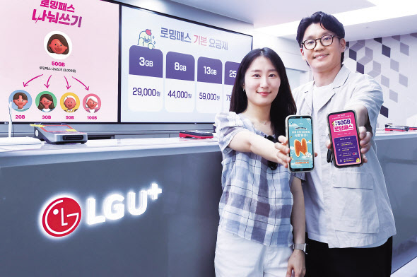 LG유플러스 직원들이 인천국제공항 내 로밍 센터에서 ‘로밍패스 나눠쓰기’를 소개하고 있다. [LG유플러스 제공]