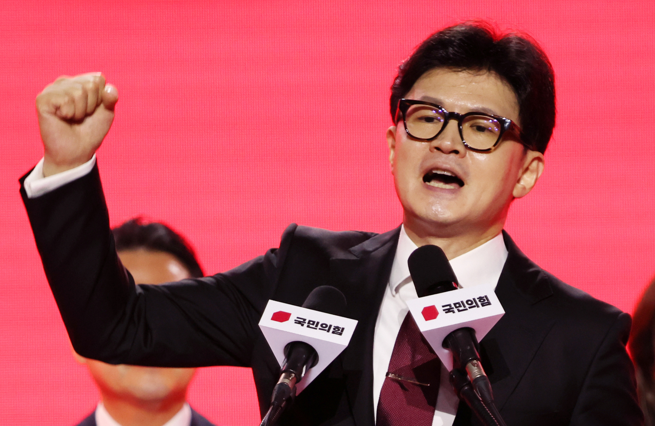 23일 오후 경기도 고양시 킨텍스에서 열린 국민의힘 제4차 전당대회에서 한동훈 당 대표 당선자가 수락연설을 하고 있다. [연합]