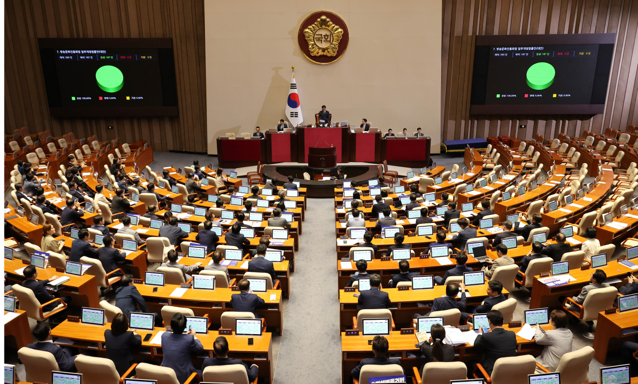 29일 오전 국회 본회의에서 이른바 ‘방송4법’ 중 방송문화진흥회법(방문진법) 개정안이 통과되고 있다. [연합]