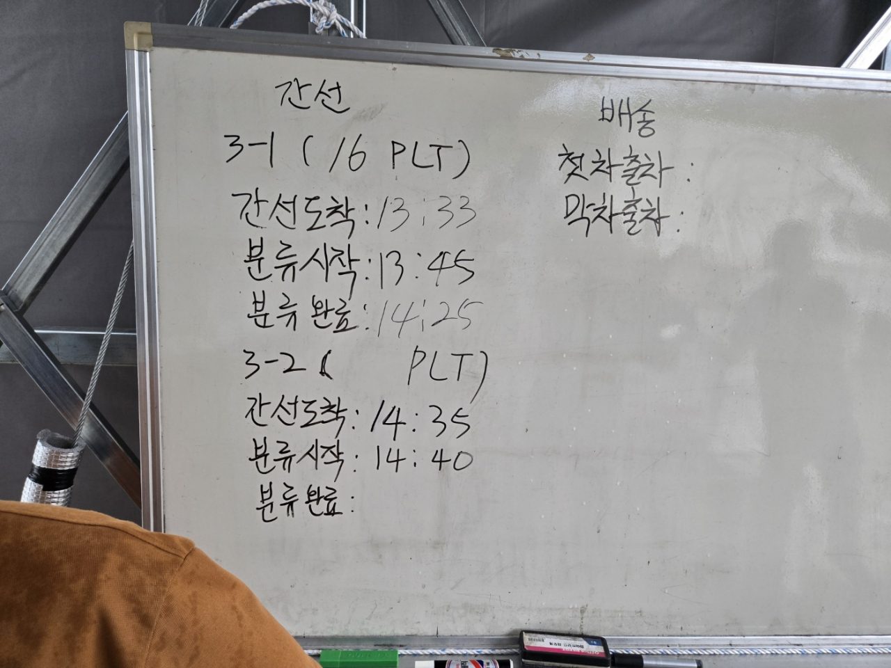 25일 제주TC에 기록된 컬리 하루배송 관리 시간표. 정석준 기자