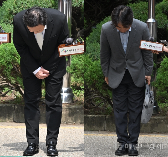 류광진(왼쪽) 티몬 대표와 류화현 위메프 대표가 2일 오후 서울 서초구 서울회생법원에서 열린 기업회생 심문기일에 출석하며 취재진을 향해 고개를 숙이고 있다. 임세준 기자